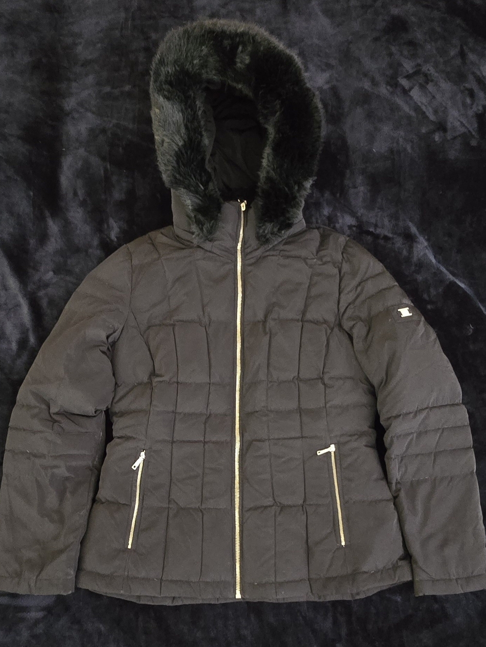 Calvin Klein Black Quilted Puffer Jacket with Faux Fur Hood